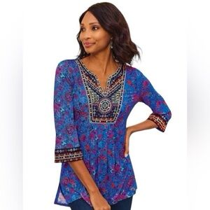 Soft Surroundings Tamuri Tunic Blue Paisley Floral Embroidered Boho Women M